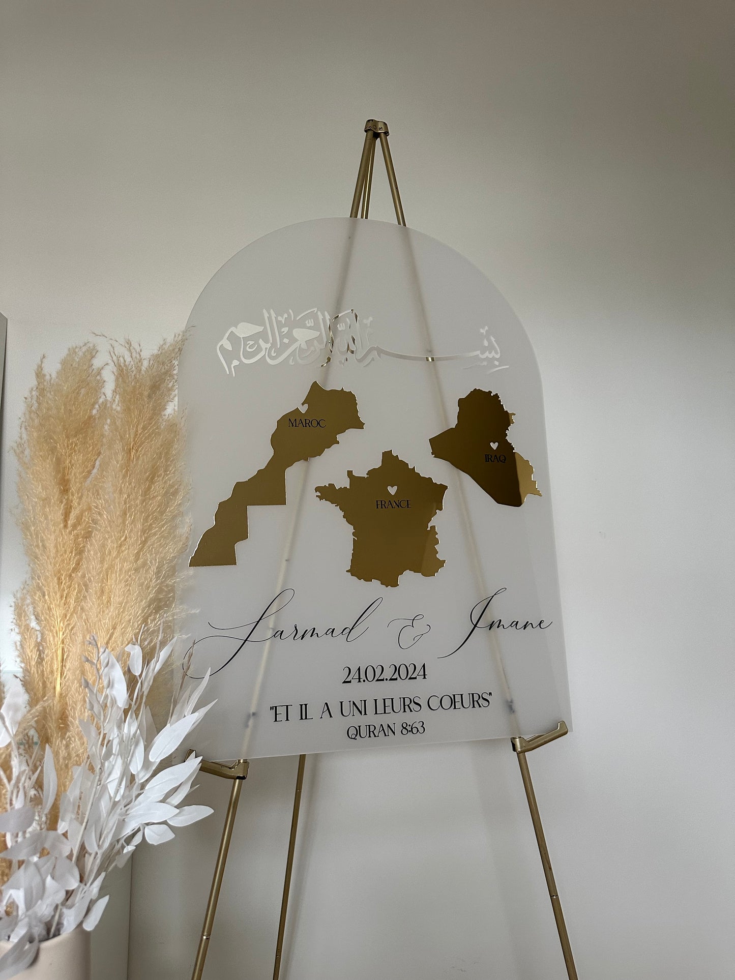 Panneau calligraphie/pays - plexi doré